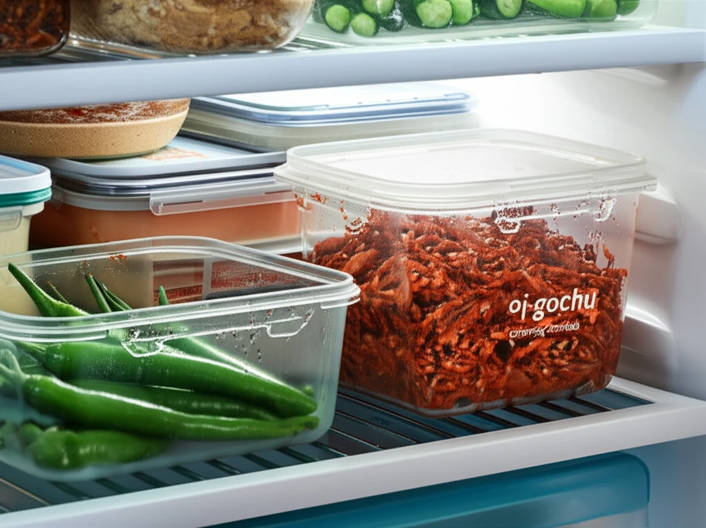 오이고추된장무침을 밀폐 용기에 보관하는 모습