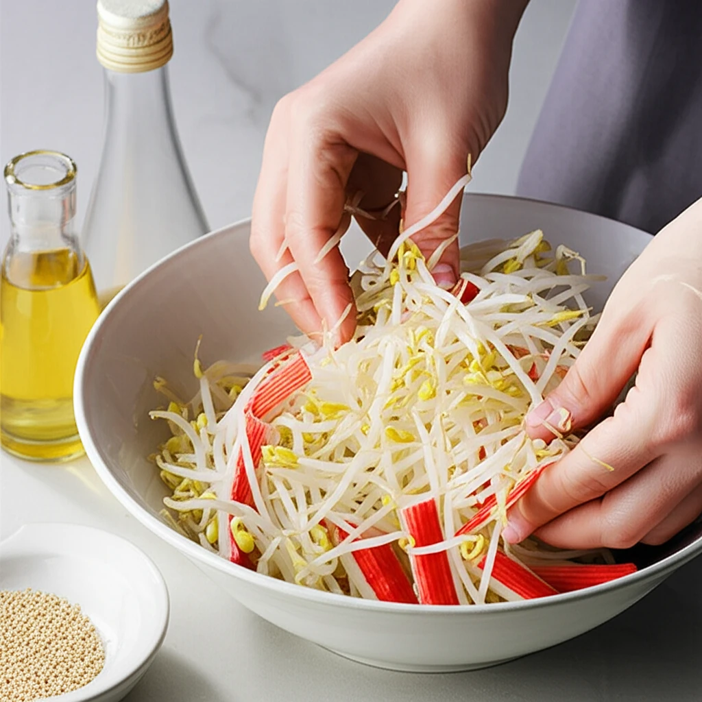 콩나물과 크래미, 대파를 양념과 함께 무치기