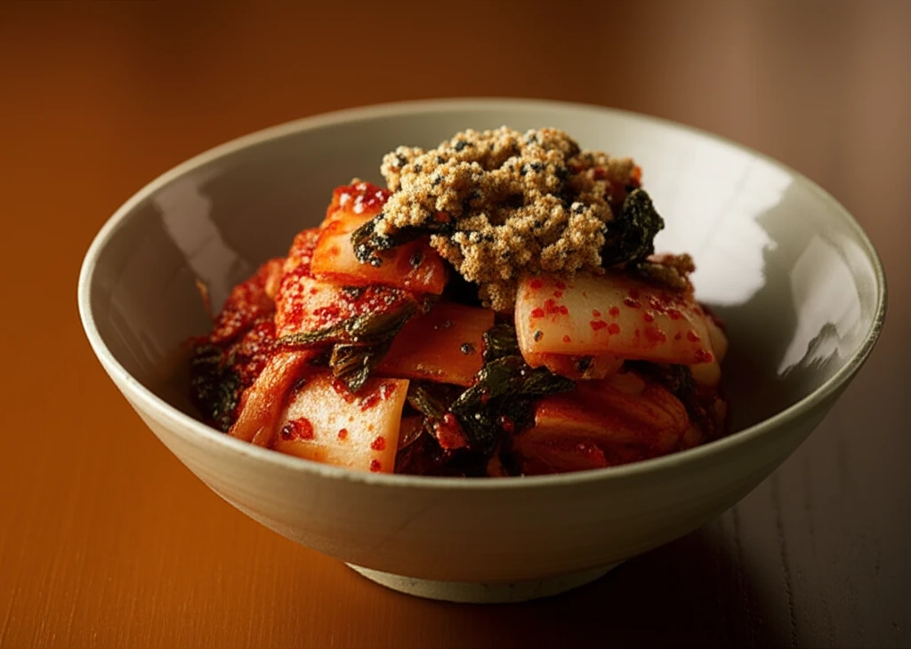 배추 된장 들깨무침을 젓가락으로 집어 올리는 모습