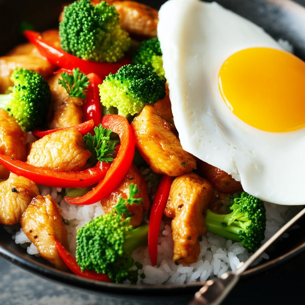 볶음 요리에 달걀 프라이를 추가하는 모습