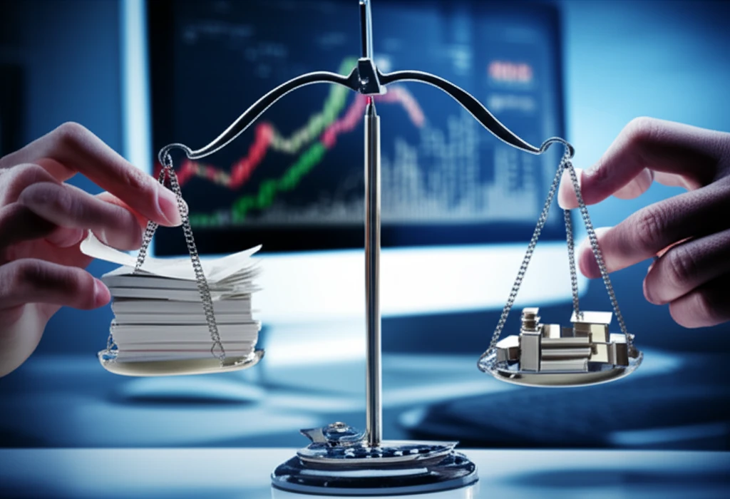 분기 실적 보고서 서류 더미와 상승 및 하락 추세를 나타내는 화살표가 함께 있는 스냅샷. 책상 위의 문서와 차트가 혼재된 모습.