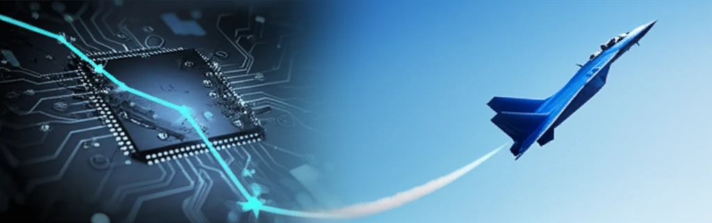 방위산업 관련 그래픽과 주식 차트가 결합된 스냅샷. 전투기 실루엣 배경에 강세를 보이는 주가 캔들차트가 부각되어 있다.